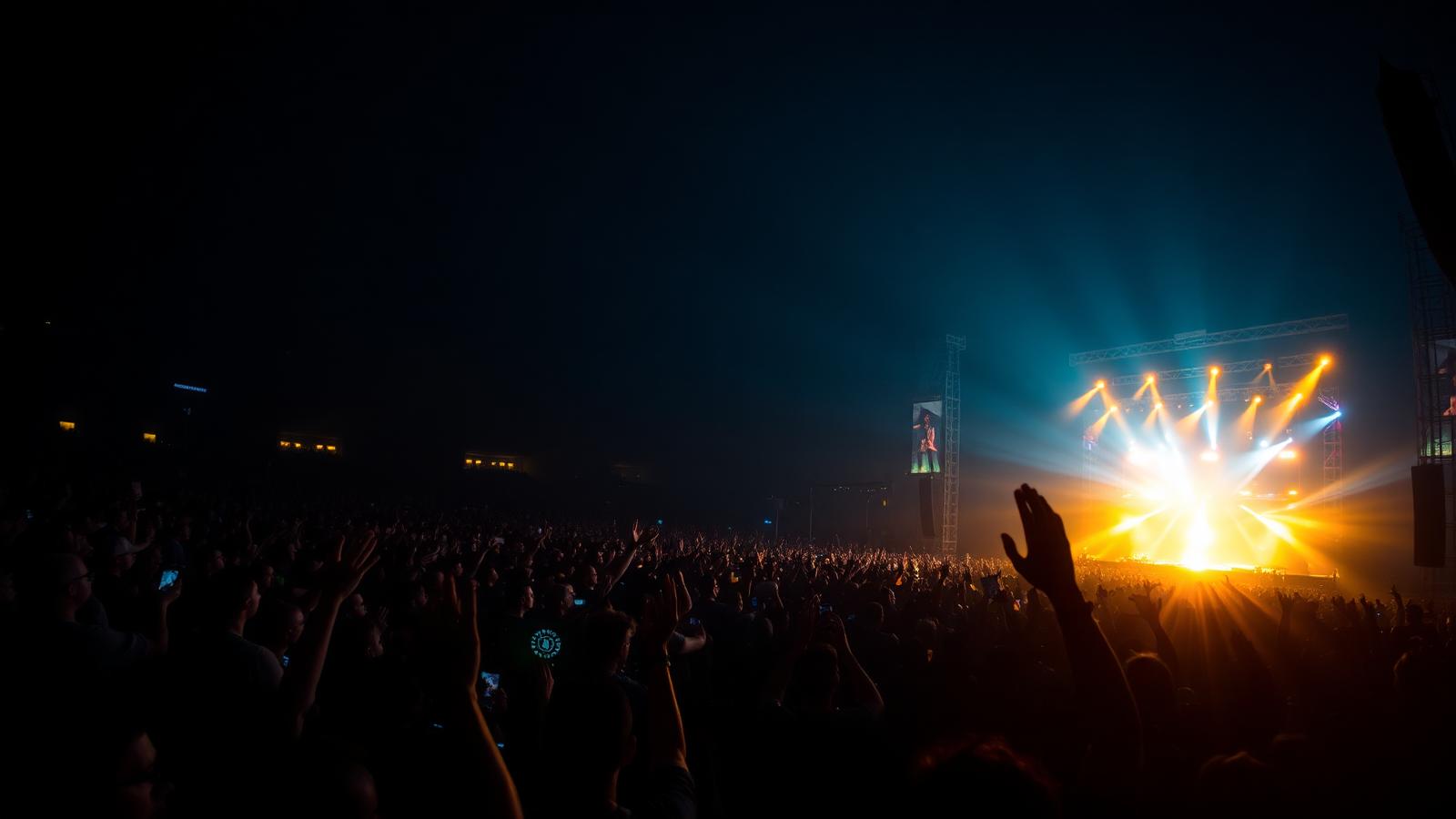 Crowd with raised hands at a night event lit by golden stage lights